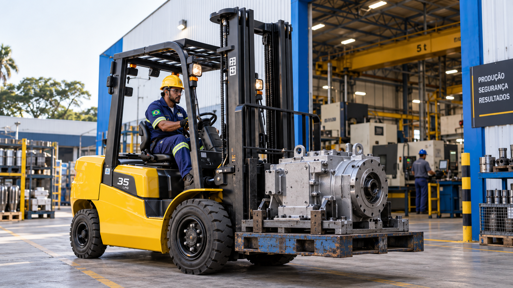 Locação de empilhadeira amarela movimentando peça mecânica industrial pesada