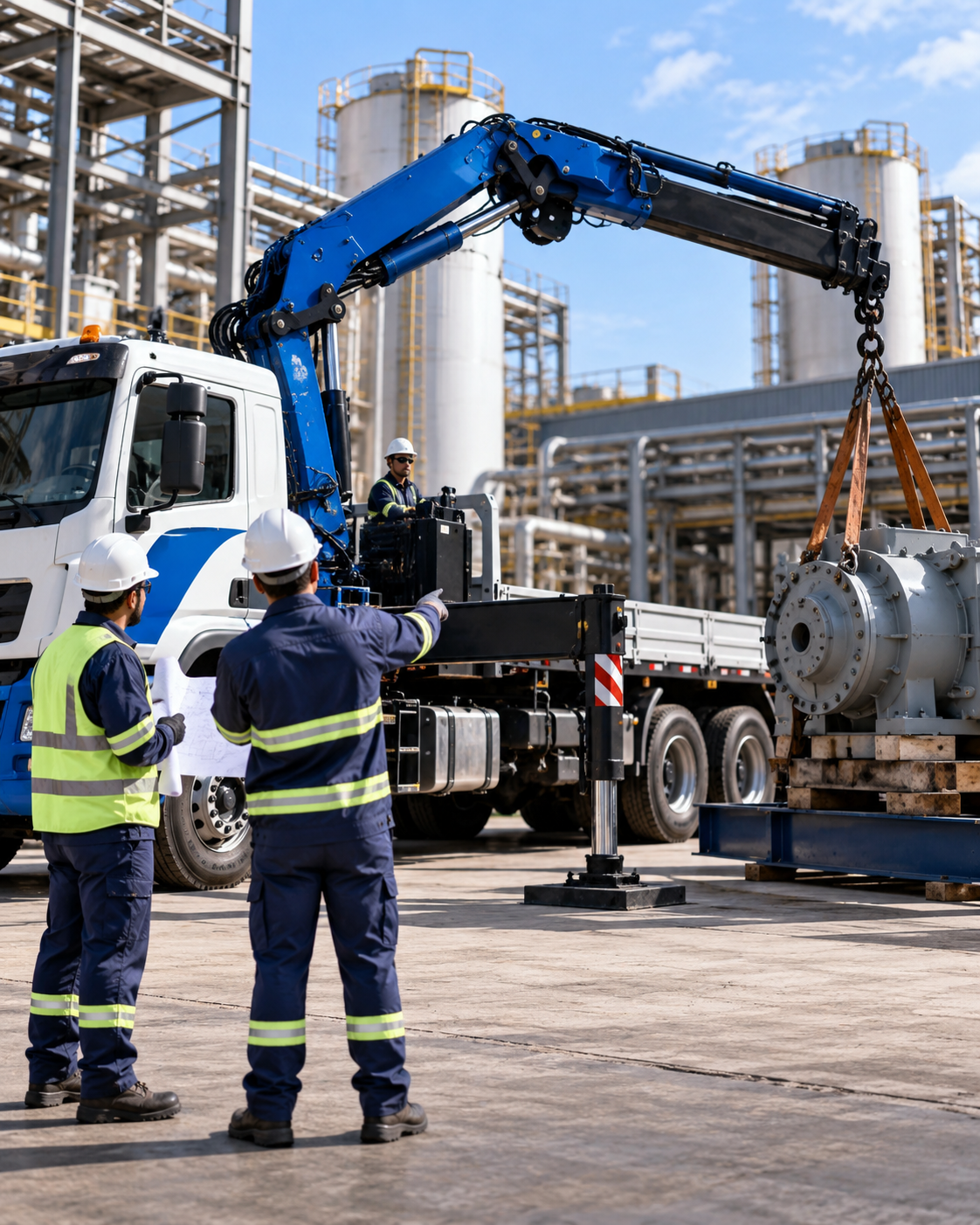 Equipe técnica em campo avaliando operação de içamento com caminhão Munck estabilizado